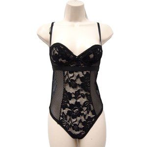 Nasty Gal Womens Floral Lace Mesh Lingerie Bodysuit S Black Sheer Thong Bra